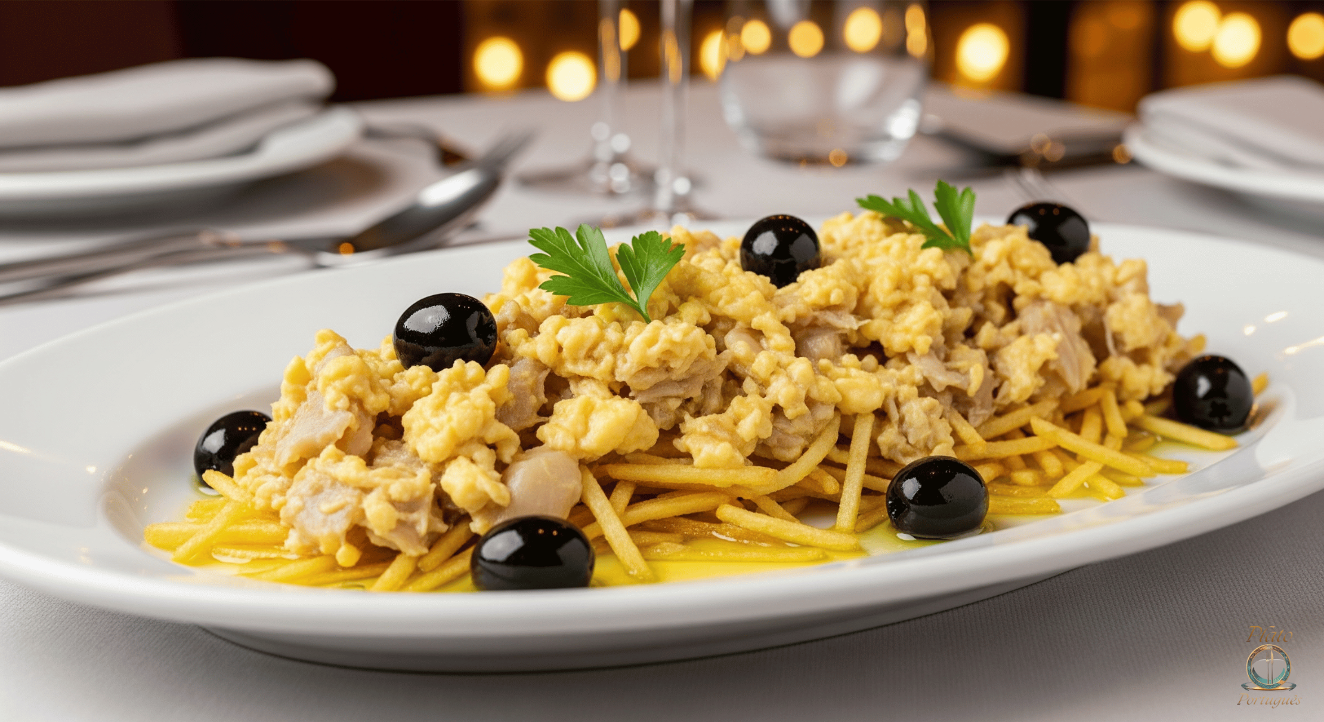 Bacalao a Lá Dourada. Un plato tradicional portugués preparado con bacalao desmenuzado, patatas fritas en tiras y huevo revuelto, todo mezclado con cebolla y especias. Suele servirse con aceitunas negras y perejil fresco. ¡Una combinación deliciosa y reconfortante!