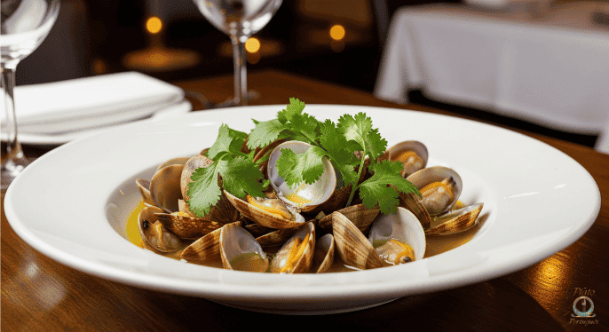 Almejas con Salsa Verde: Almejas frescas cocinadas suavemente en una salsa mediterránea de perejil, ajo, vino blanco y aceite de oliva. Ideal como entrada.