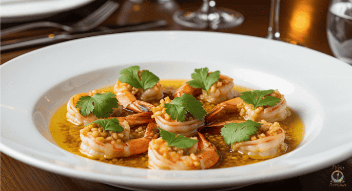 Langostinos al Ajillo: Langostinos frescos, tiernos y rosados, salteados en aceite de oliva con ajo dorado y guindilla. Sabor mediterráneo e intenso.