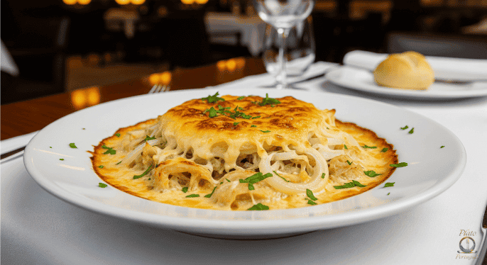 Bacalhau com Natas: Reconfortante plato portugués de bacalao, patatas crujientes y cebolla, gratinado bajo una cremosa salsa de nata. ¡Una delicia!