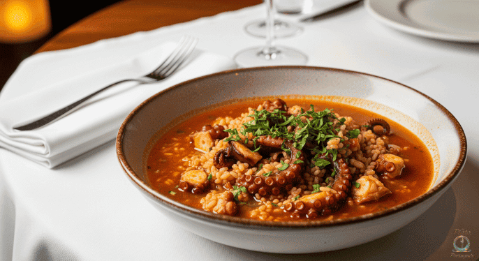 Arroz de Pulpo: Arroz meloso de intenso sabor marino, con pulpo tierno.